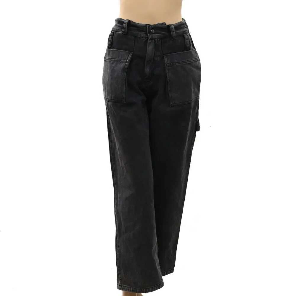 Free People Women's High-Rise Denim Jeans Pants Tapered Cotton Black S 288475
